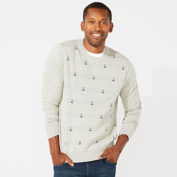 Nautica Gray Anchor Print Cotton Crewneck Sweater Size L - Picture 1 of 7
